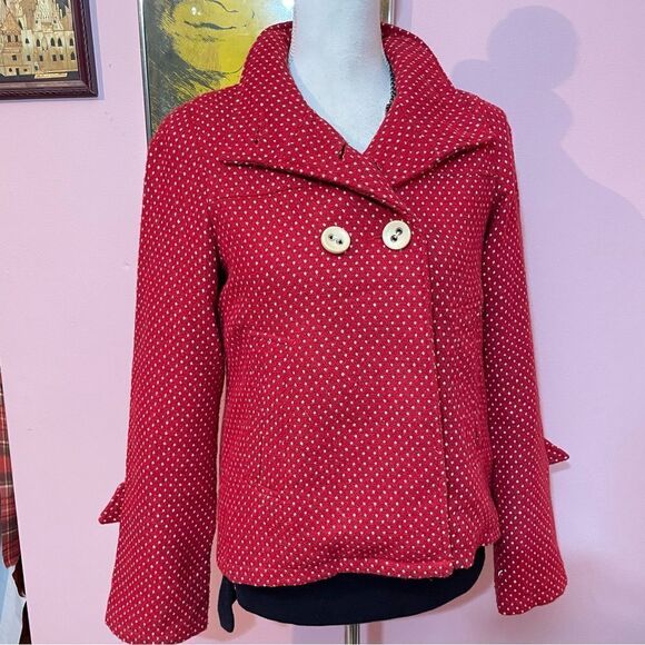 Anthropologie Sanctuary Clothing Retro Red Coat with white Polka Dots - Picture 4 of 14